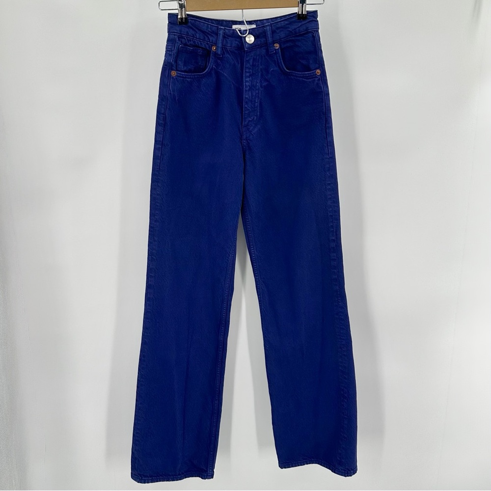 ZARA Jeans Womens 2 Indigo Purple Blue High Rise Wide Leg Full Length 34.5"